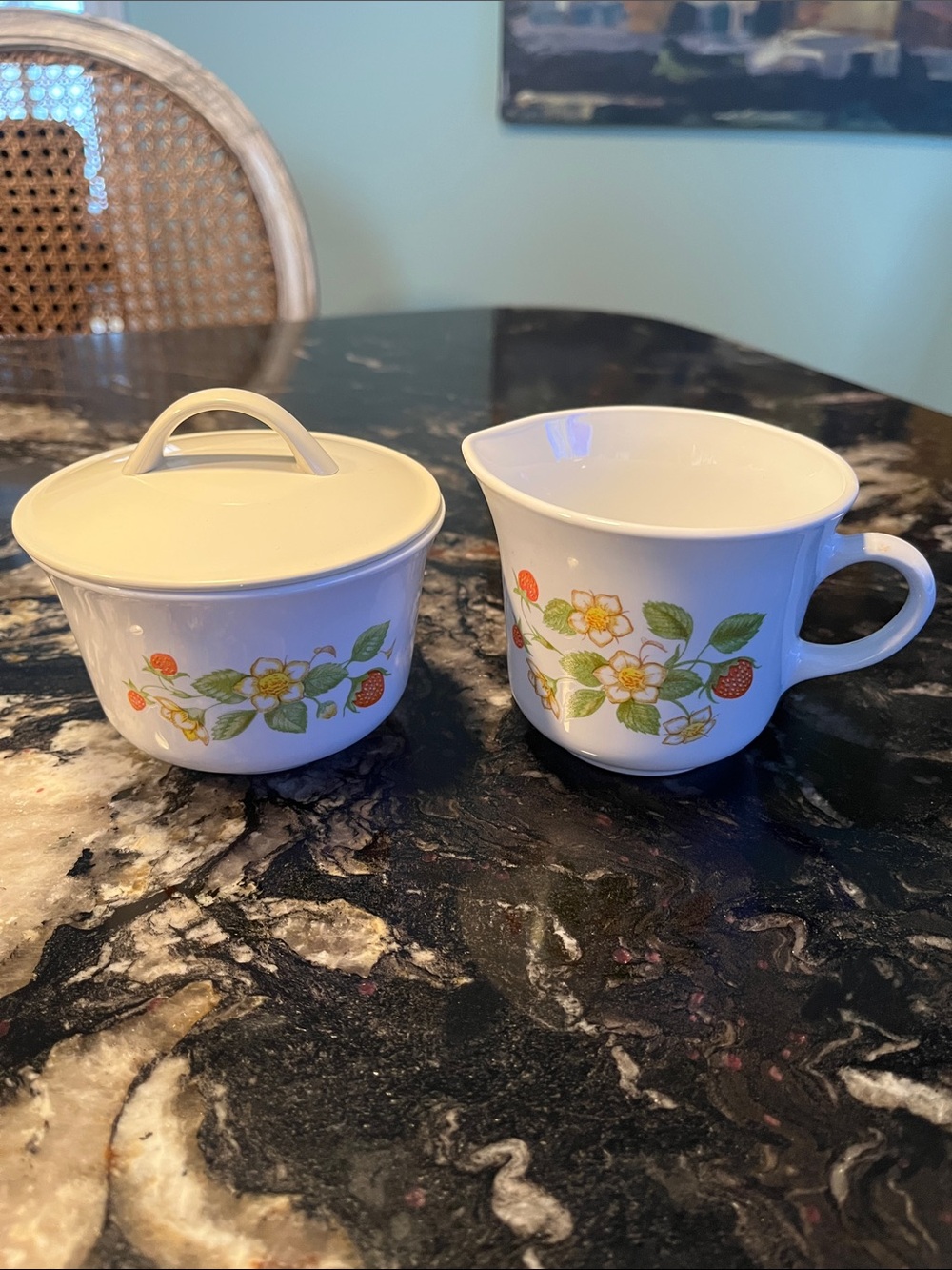Corelle 1983 Strawberry Sunday Ceramic Sugar and Creamer Set in White